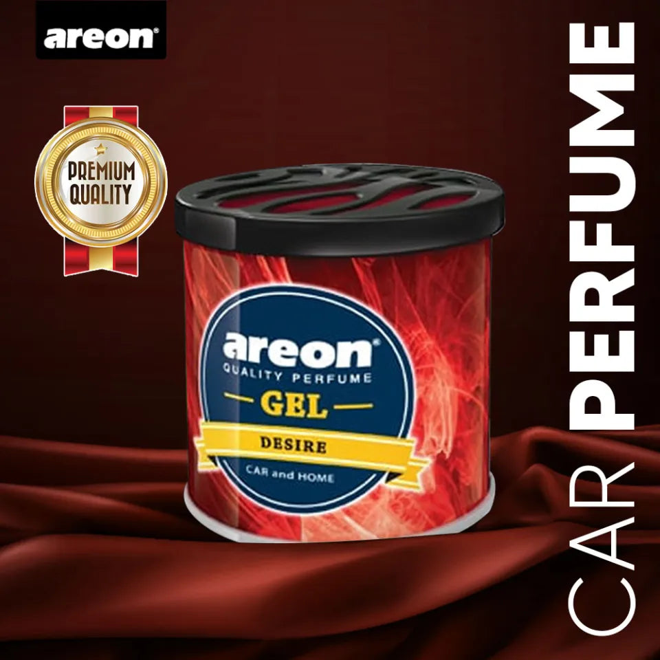 Areon car perfume bottle with red and black design on a dark background