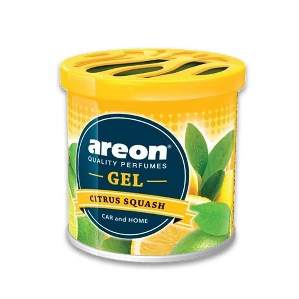 Areon Citrus Squash gel air freshener with yellow lid and green leaves on a white background