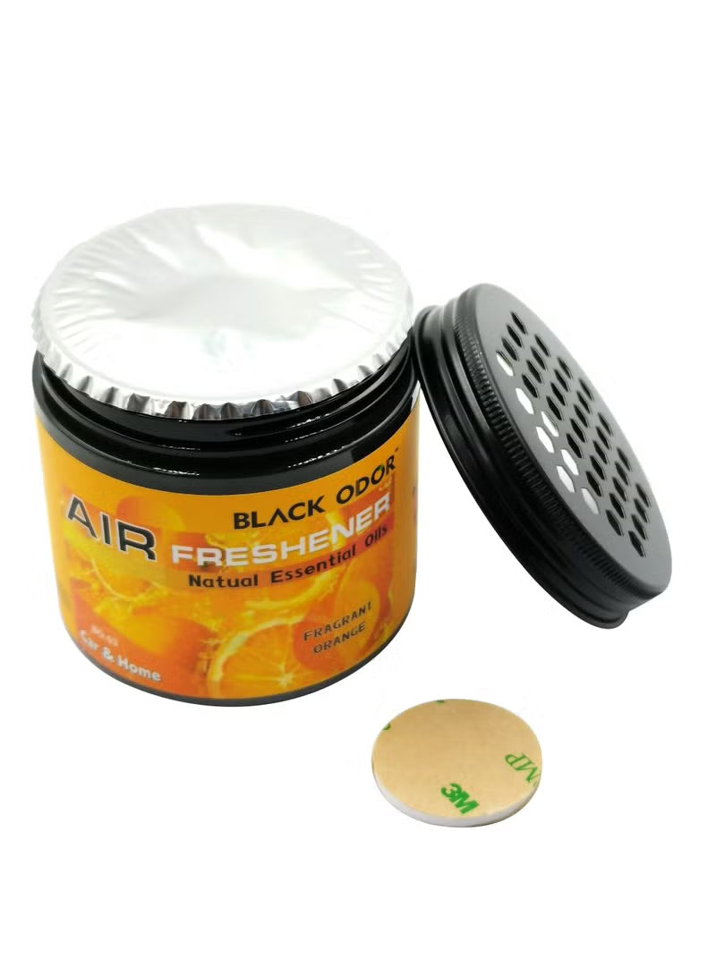 Air freshener with a black lid and orange label on a white background