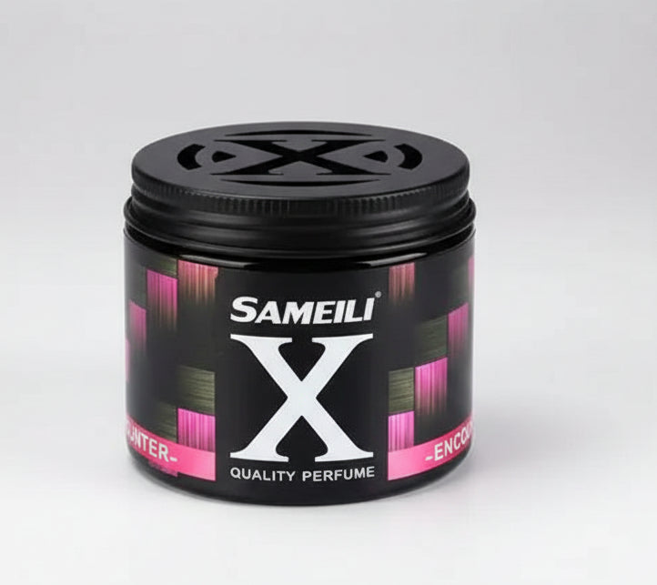 Black container of SAMEILI X perfume with floral and green elements on a white background