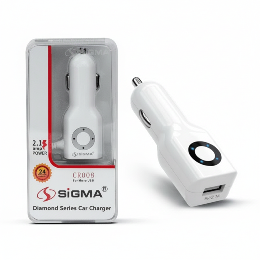 Sigma car charger with packaging on a white background