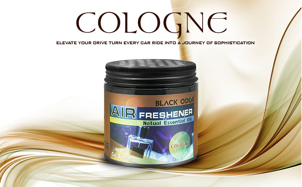 Air freshener canister labeled 'Black Odor' with 'Cologne' text on a beige background