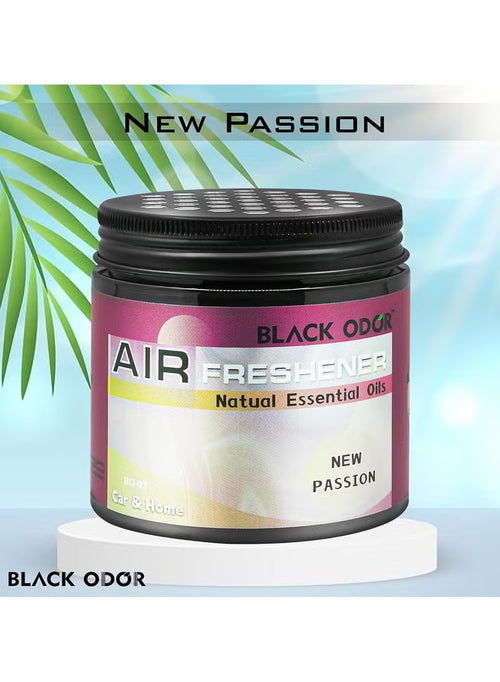 Black Odor air freshener jar labeled 'New Passion' on a white platform with a light blue gradient background.