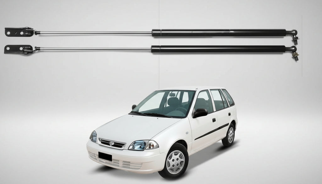 Two car lift supports on a white background with a white car partially visible.