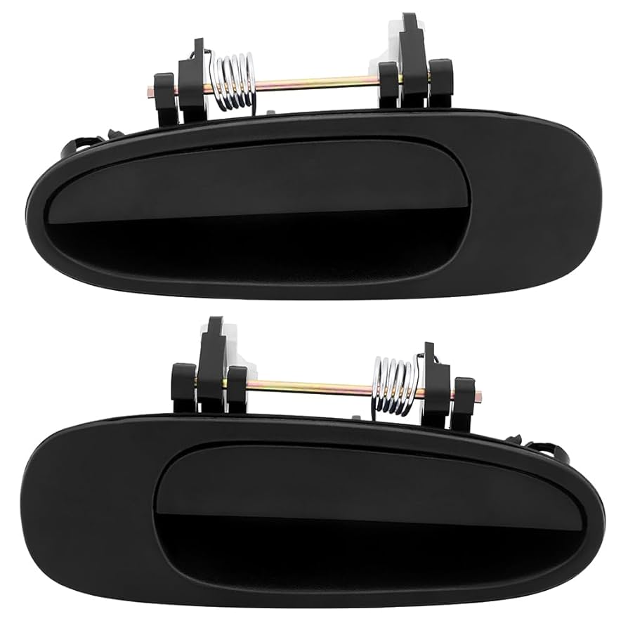 Two black car door handles with springs on a white background
