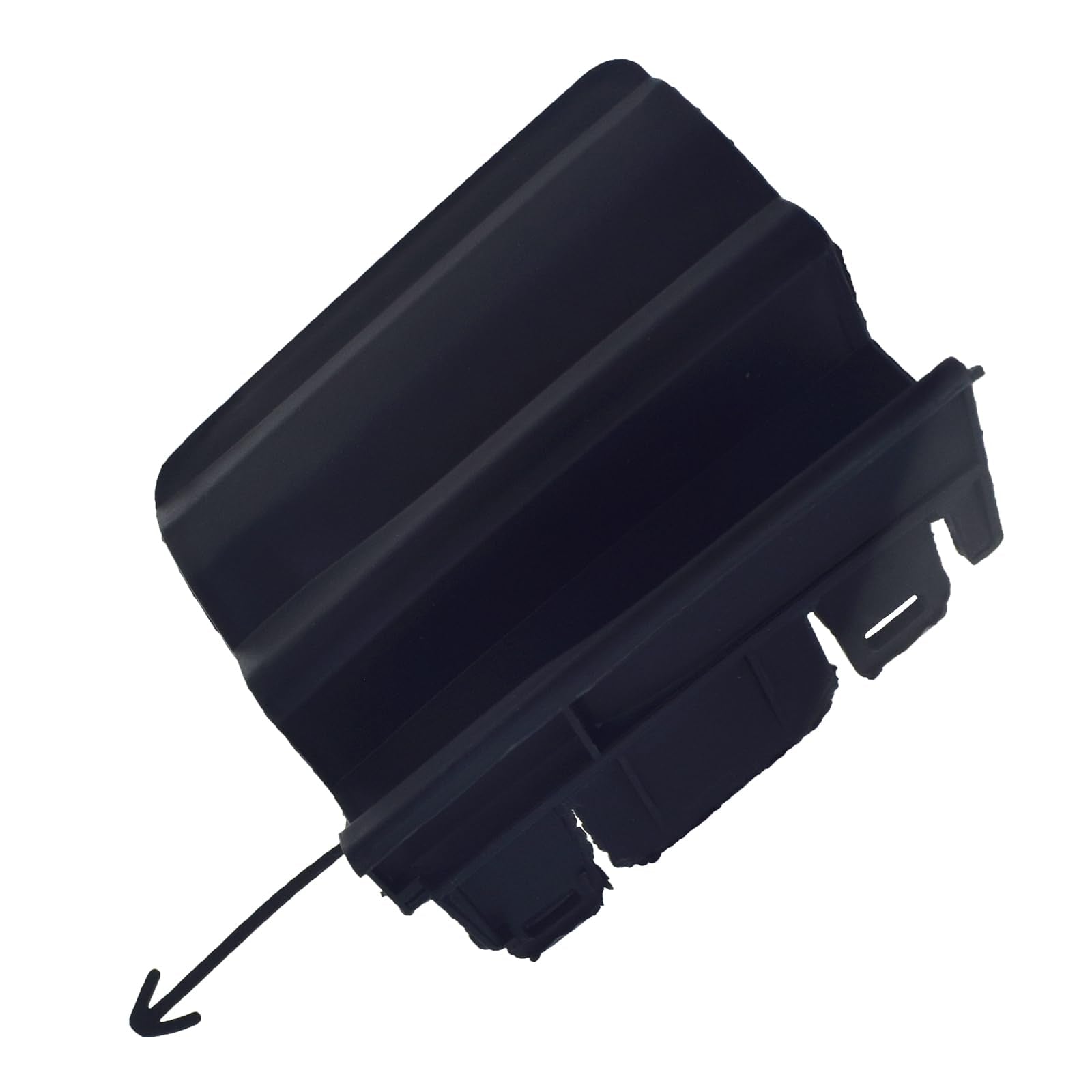Black plastic component with an arrow pointing to it on a white background