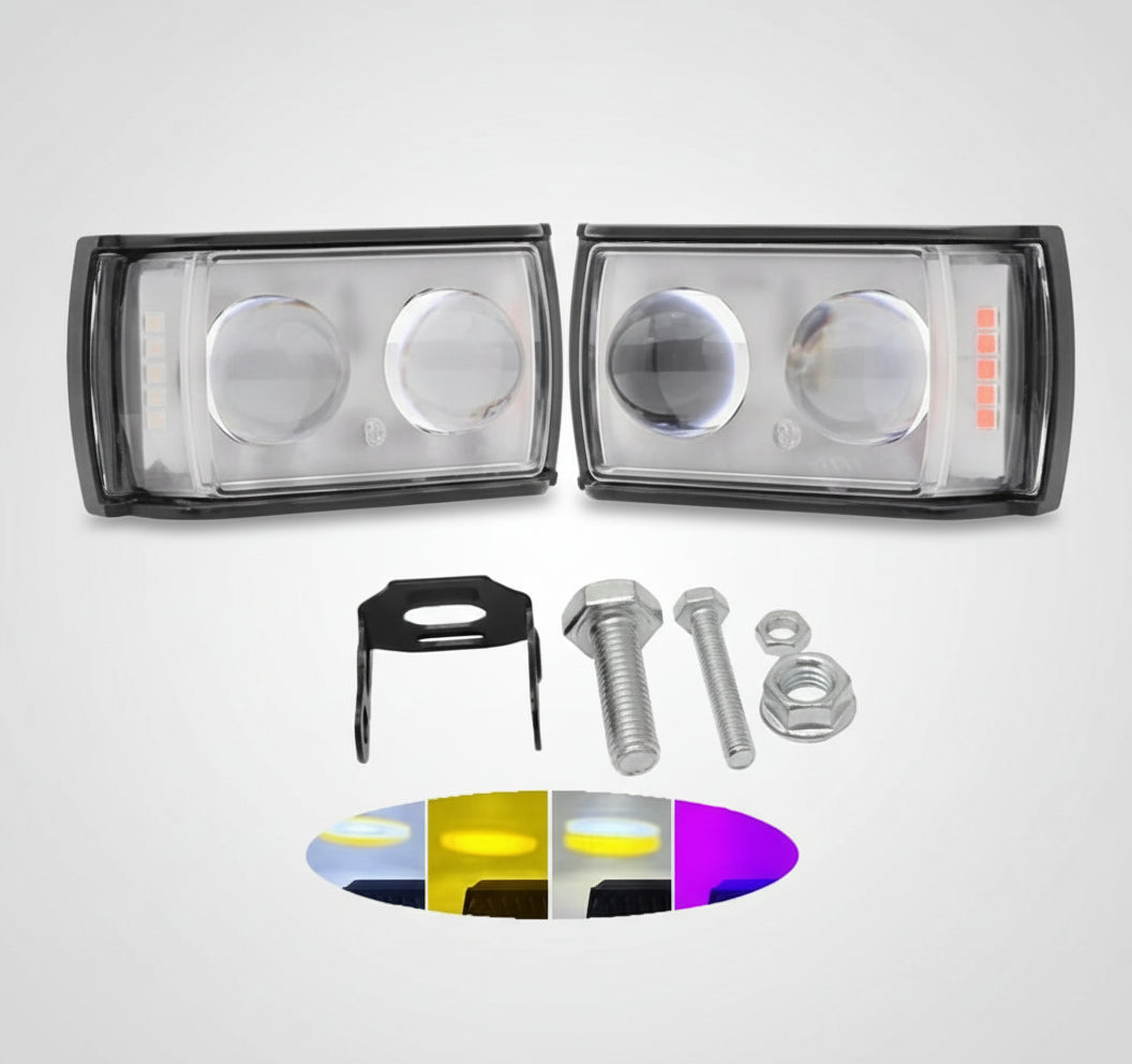 Pair of car headlights with mounting hardware and ALCANTA LED logo on a white background