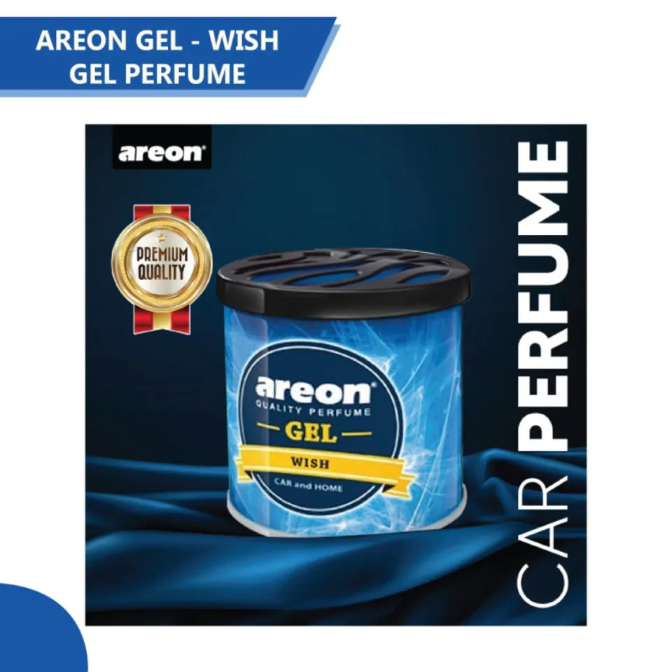 Areon car perfume gel with brand logo and product name on a dark blue background