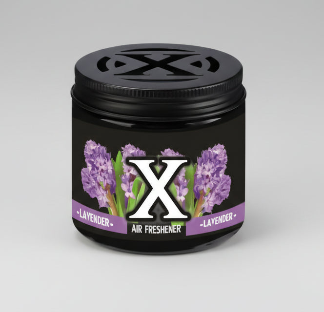 Black air freshener container with lavender design on a white background