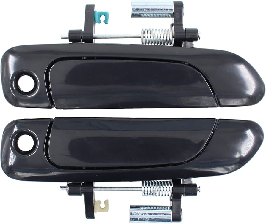 Two black car exterior door handles with springs on a white background