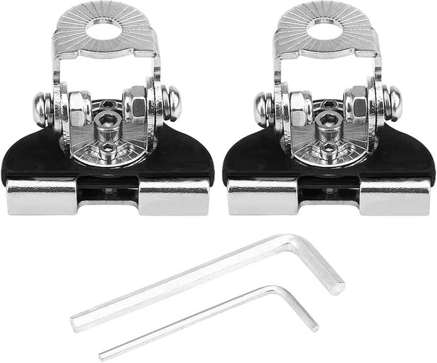 Two metal clip-on bike lights with a tool on a white background
