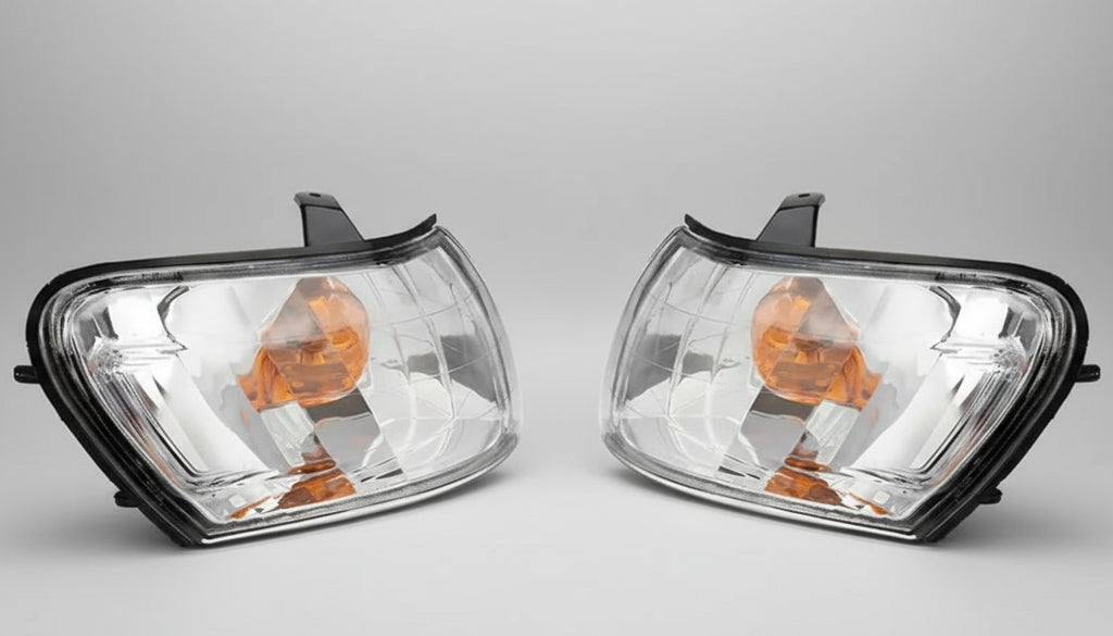 Pair of car fog lights with clear lenses on a white background