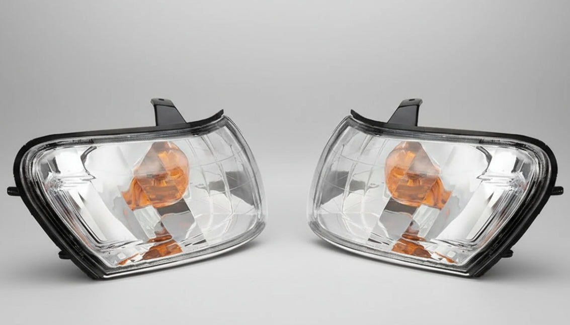Pair of car fog lights with clear lenses on a white background