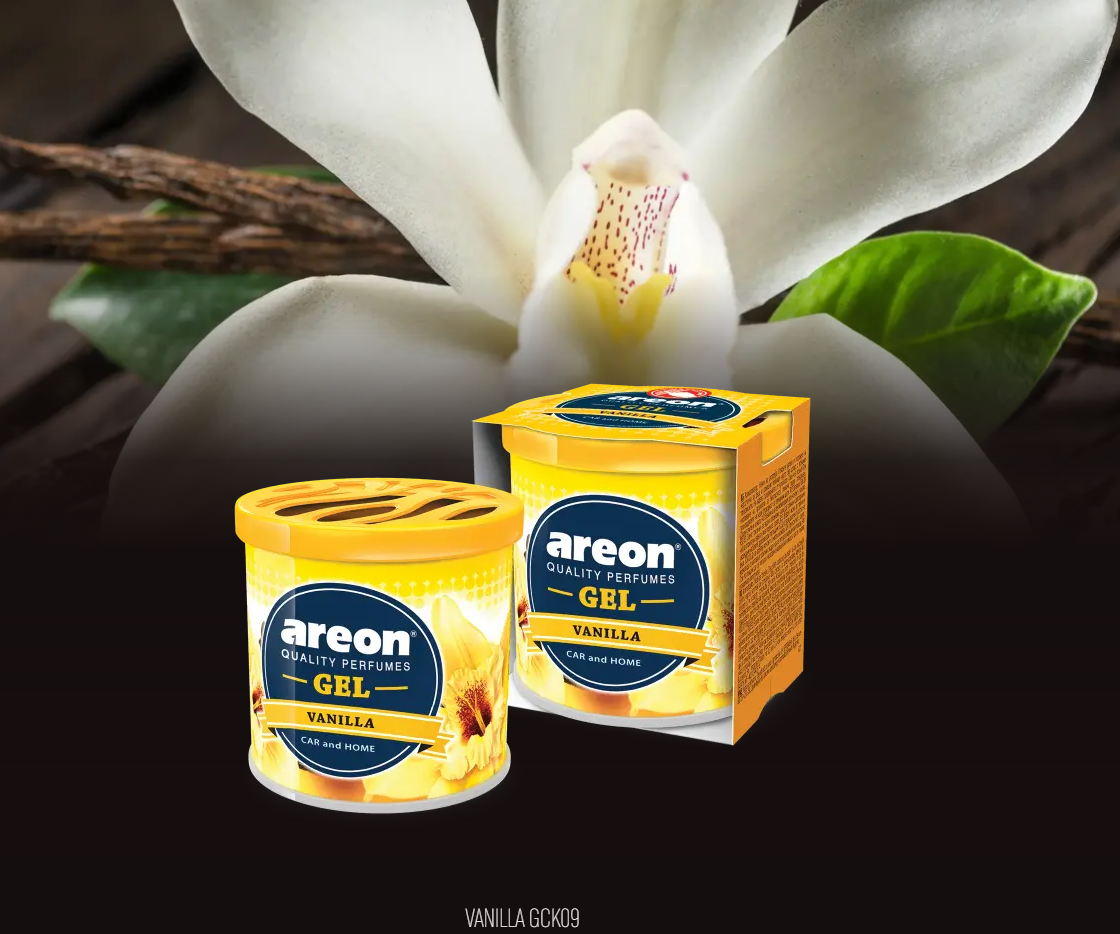 Areon Vanilla gel packaging with a flower in the background