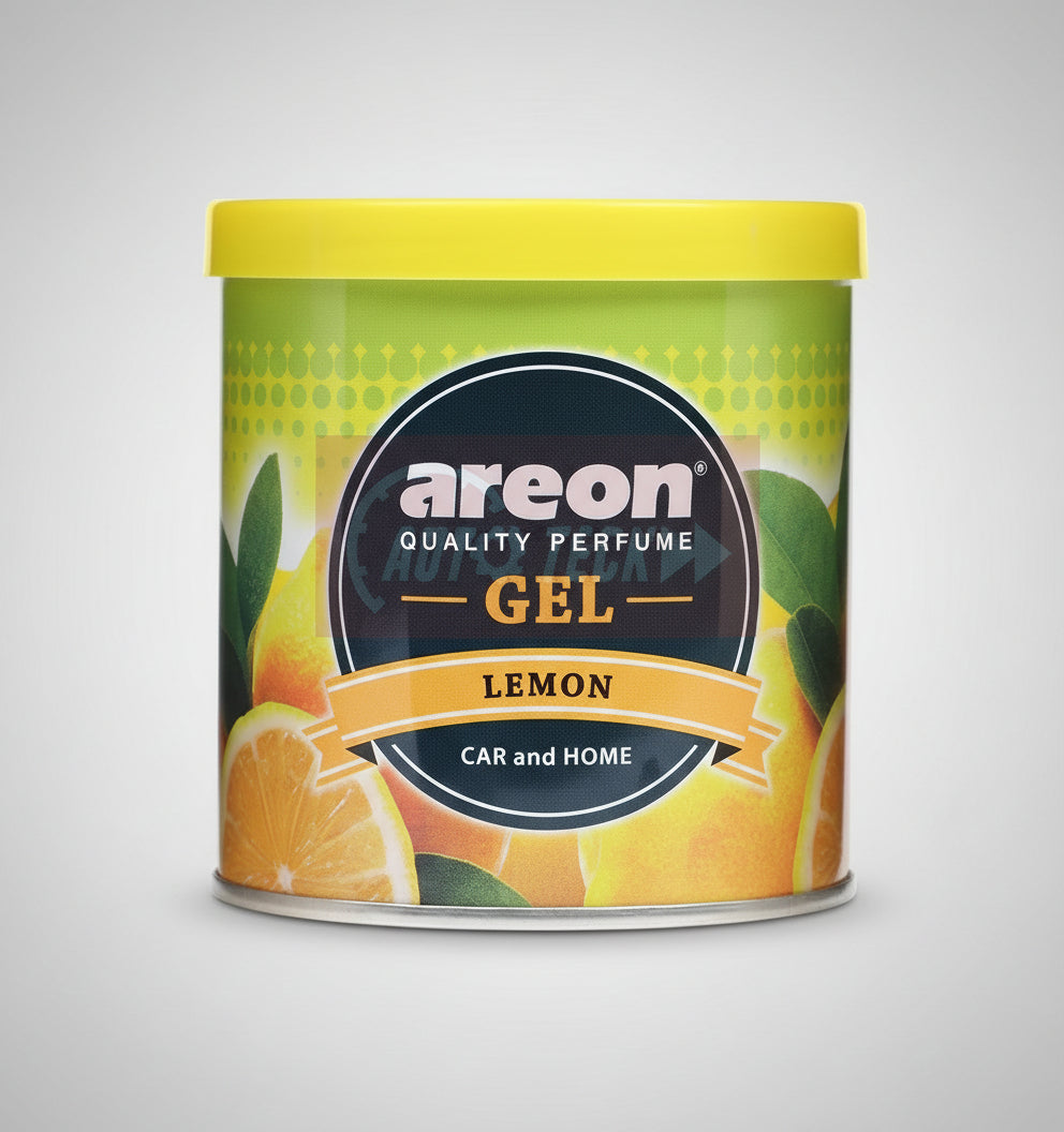 Areon Lemon perfume gel can with lemon slices on a yellow background