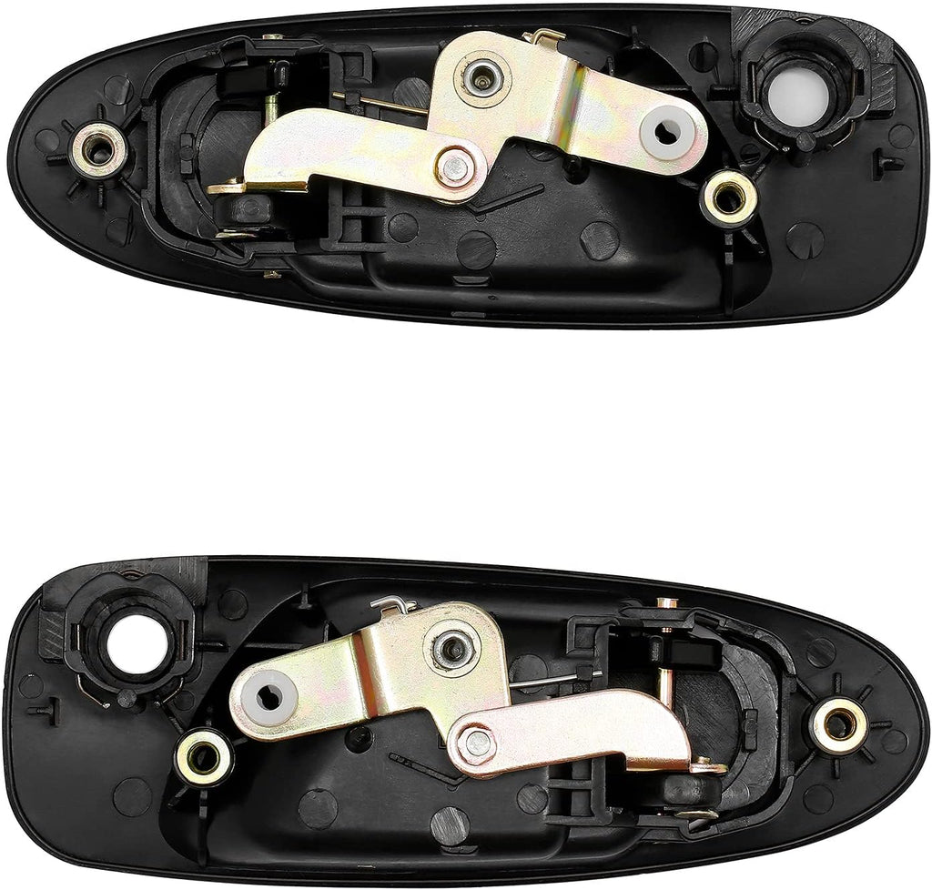 Two black car door handles with gold hardware on a white background