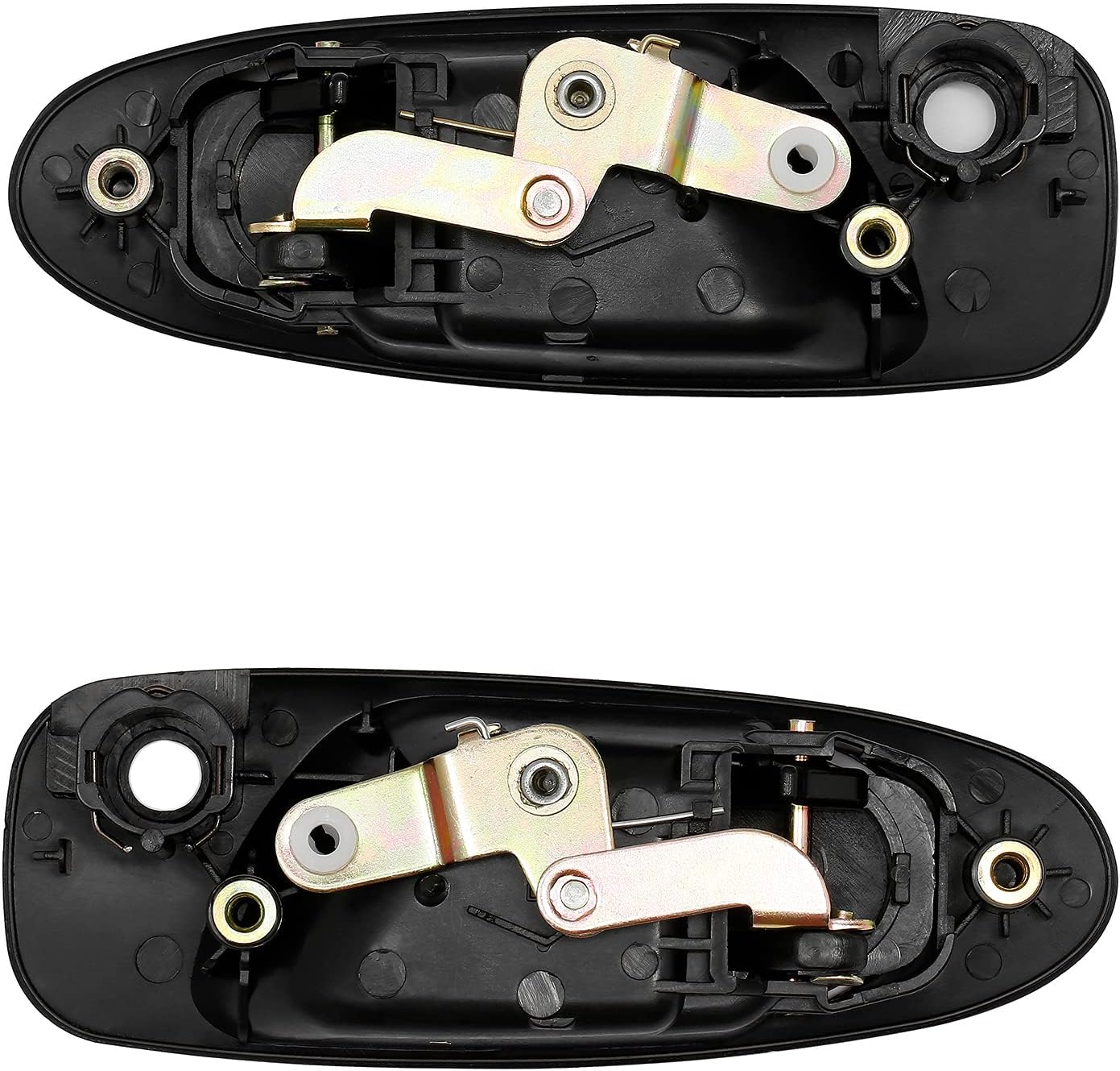 Two black car door handles with gold hardware on a white background