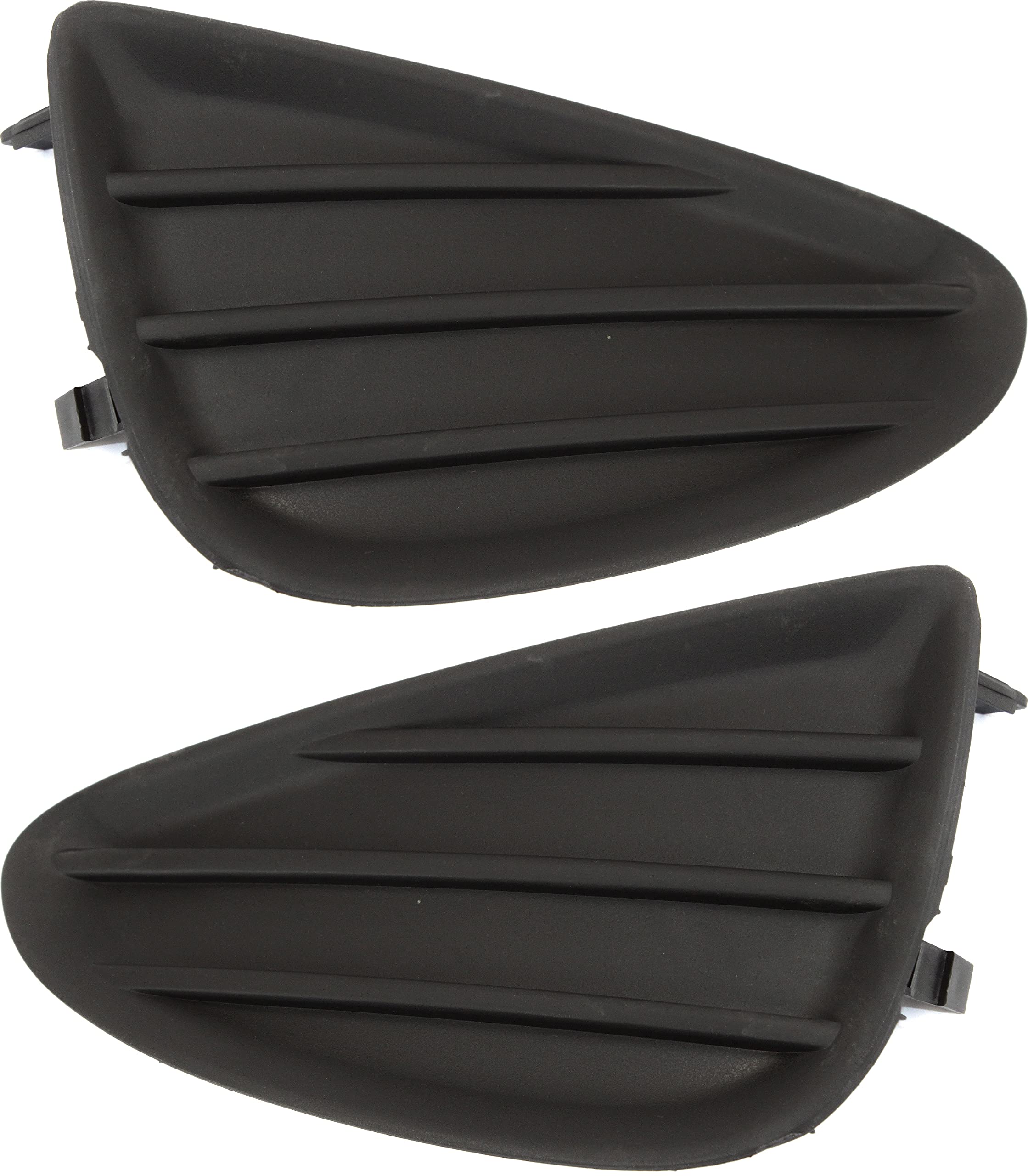 Two black plastic car parts on a white background