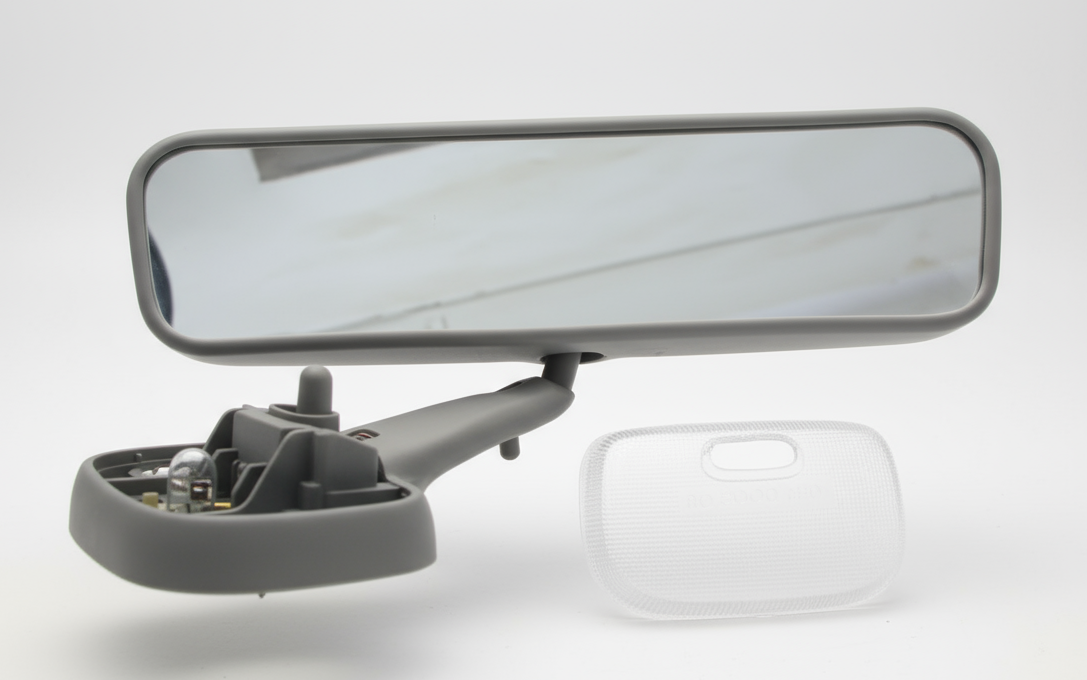 Car mirror and light on a wooden surface