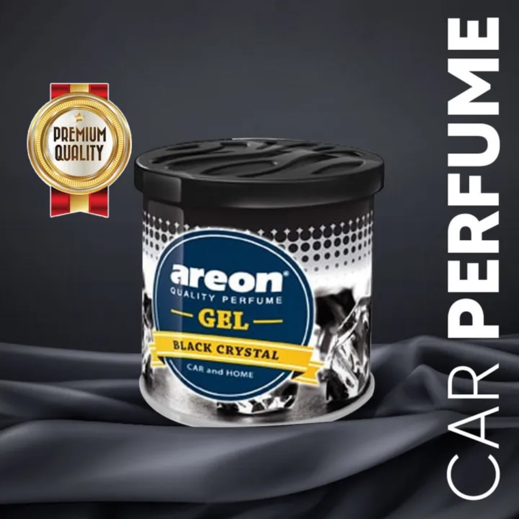 Areon GBL Black Crystal car perfume jar with a 'Premium Quality' badge on a dark background