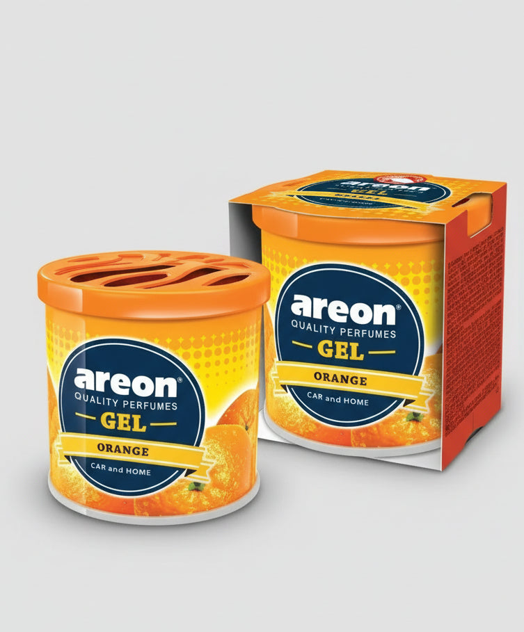 Areon Orange GEL car and home perfume packaging on a white background