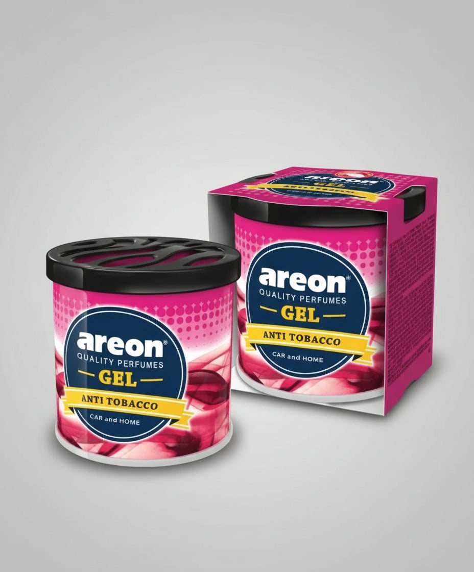 Two containers of Areon Anti Tobacco gel perfume on a white background