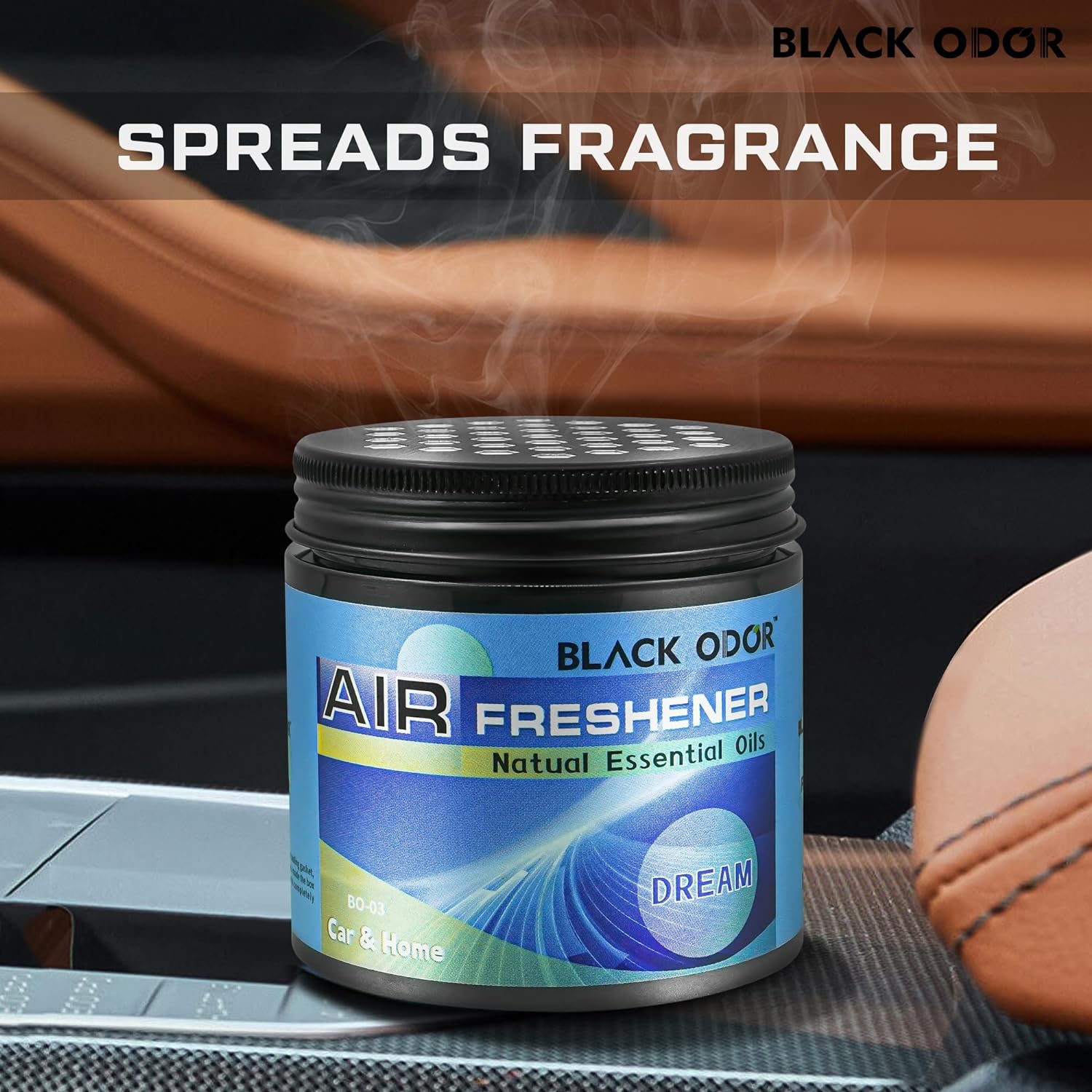 Black Odor air freshener jar with smoke effect on a car interior background