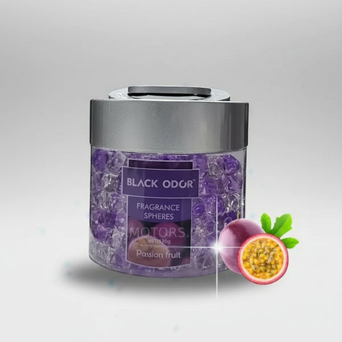 Jar of Black Odor fragrance spheres with a passion fruit graphic on a white background