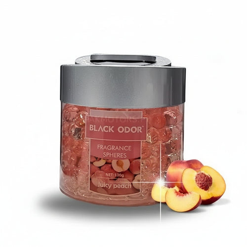 Jar of Black Odor fragrance spheres with juicy peach flavor on a white background