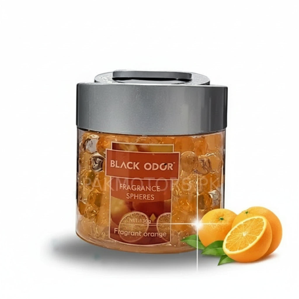 Jar of Black Odor fragrance spheres with a scented orange label, featuring two oranges on a white background.
