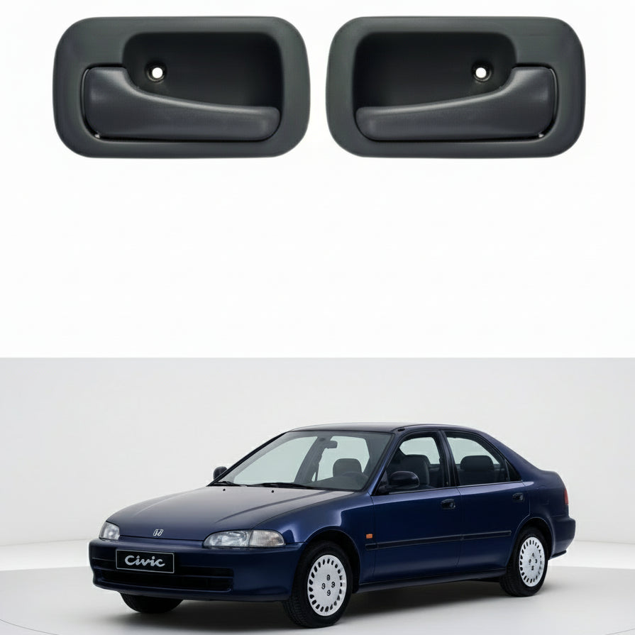 Set of four car interior door handles on a white background with a blue car below.