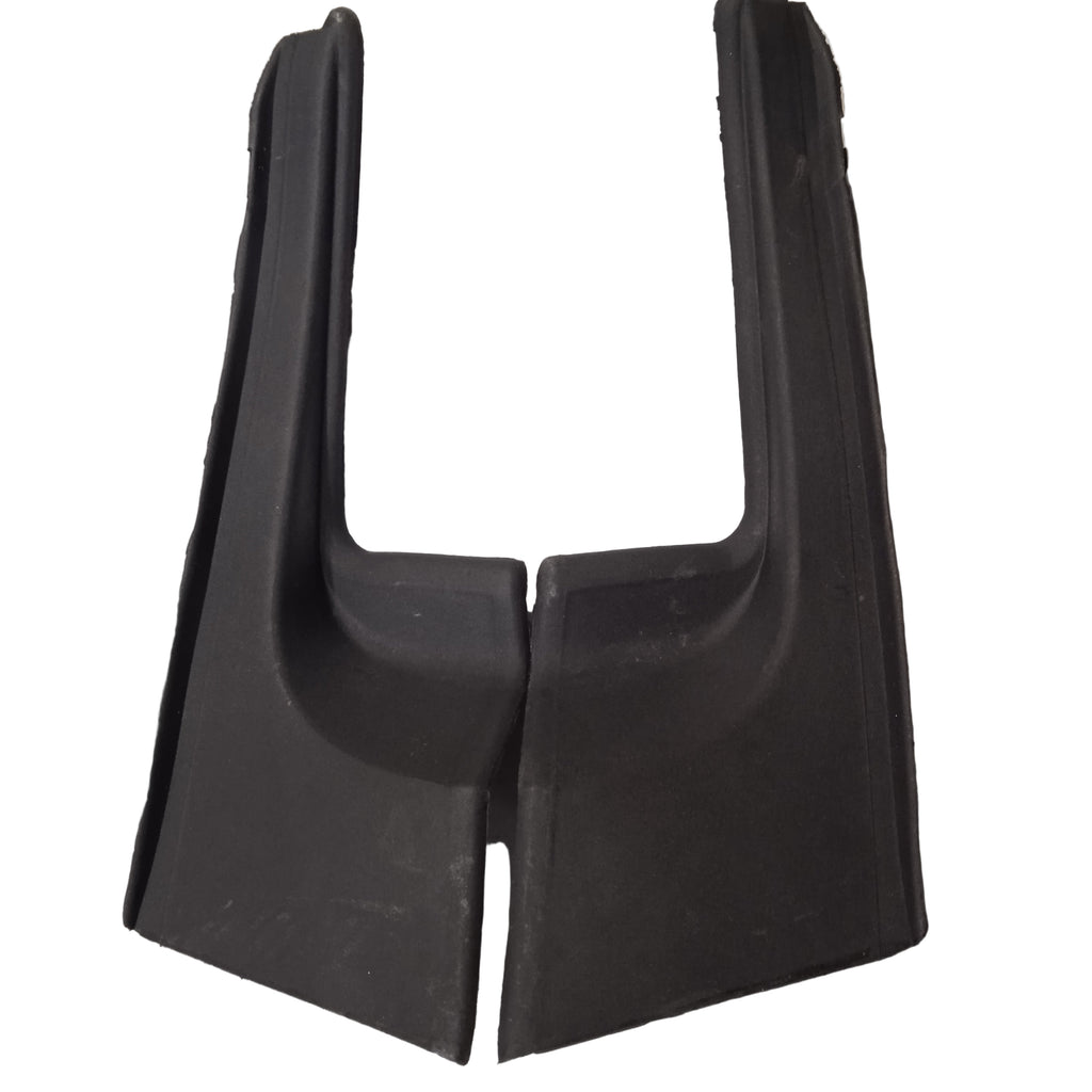 Pair of black car mud flaps on a white surface