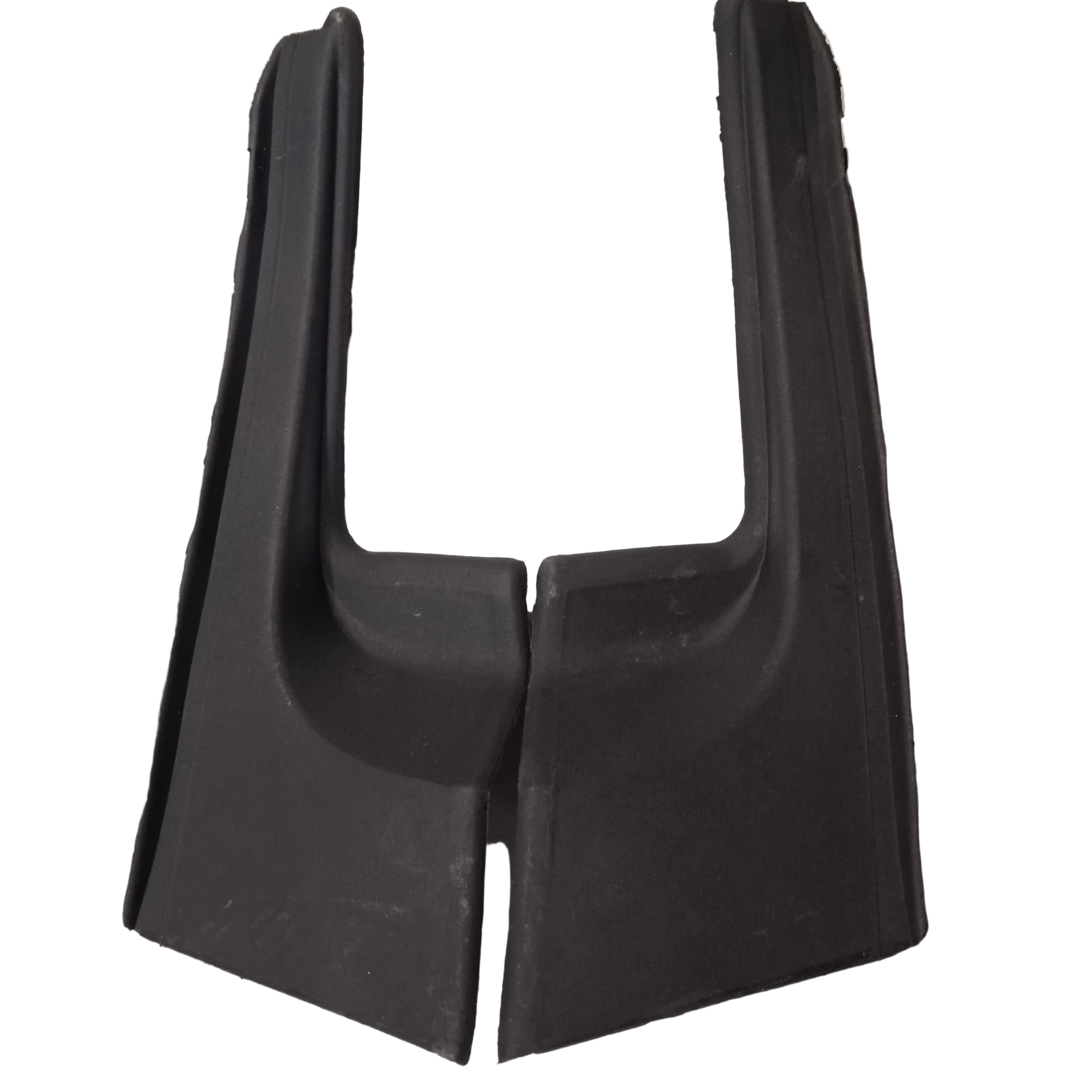 Pair of black car mud flaps on a white surface