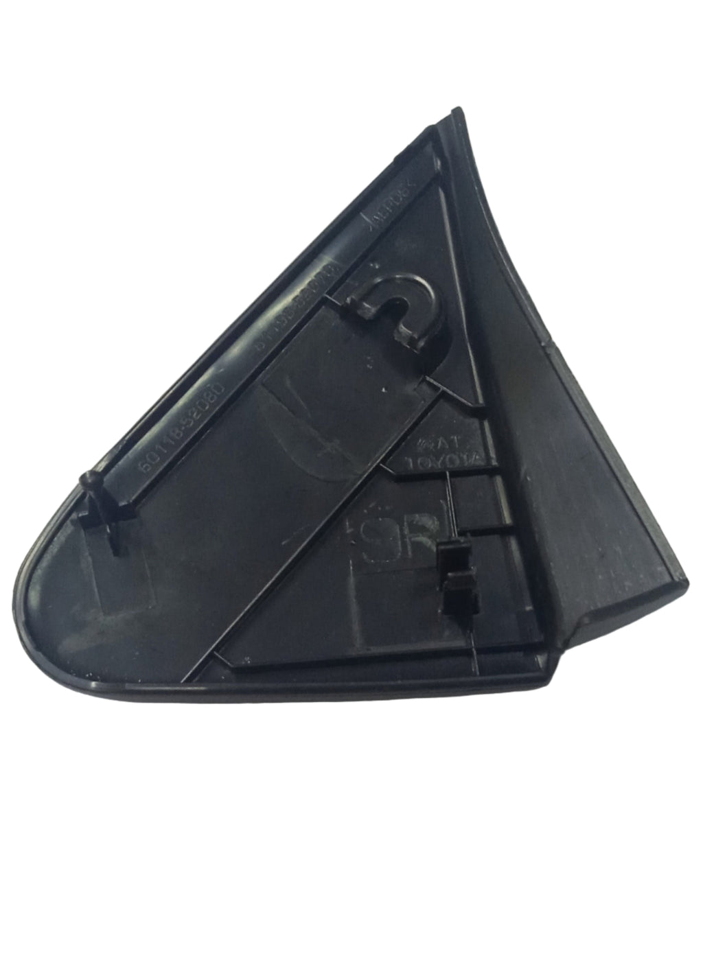 Black plastic triangular component on a white background