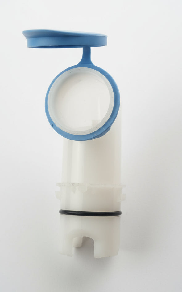 Plastic valve with blue cap on a white background