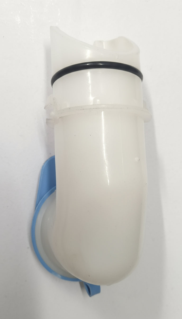 Clear plastic shower filter with blue rubber band on a white background
