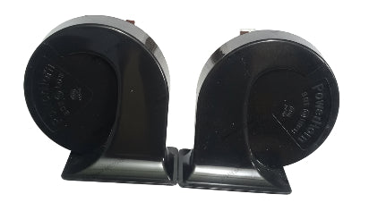 Black car horn with visible branding on a white tiled background