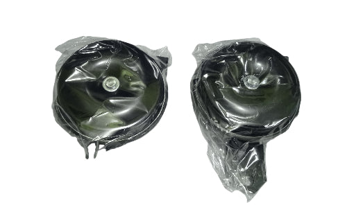 Two motorcycle horn speakers in clear packaging on a white background