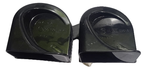 Two black car horns on a white background