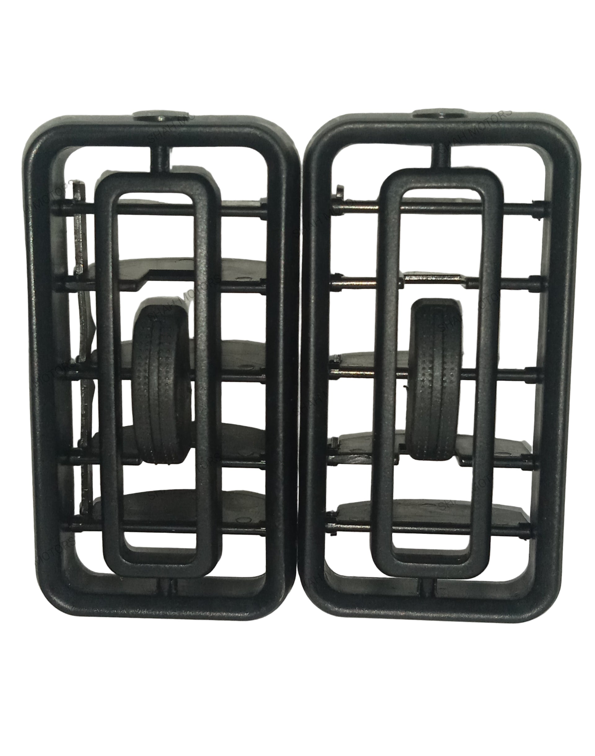 Two black metal brackets on a gray background