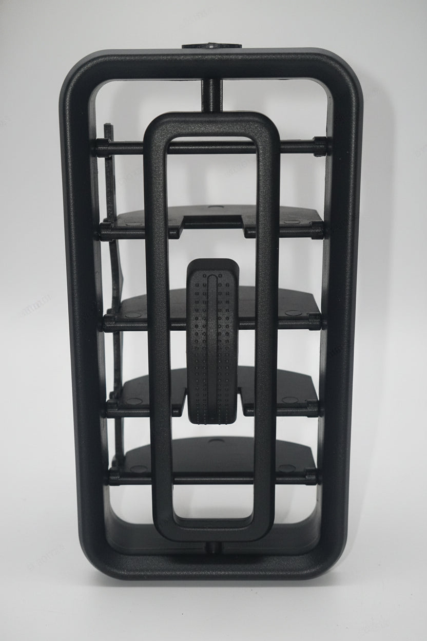 Black metal stand with a wheel on a light gray background