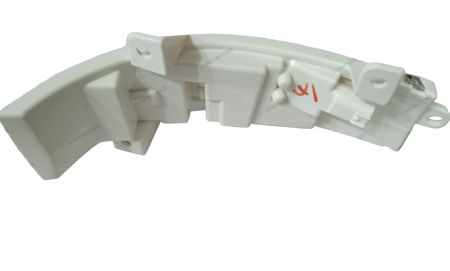 White plastic bracket on a white background with text