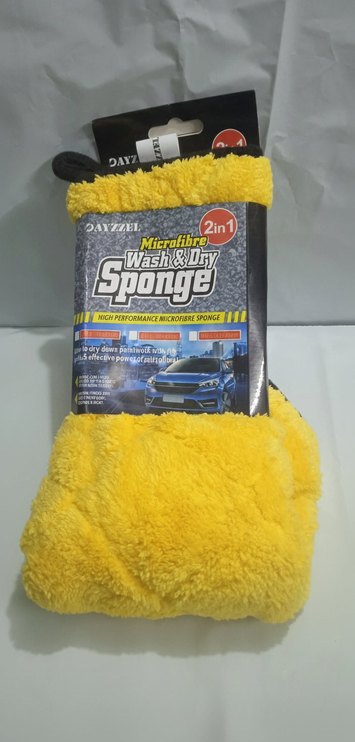 Yellow microfiber wash and dry sponge with packaging on a gray background