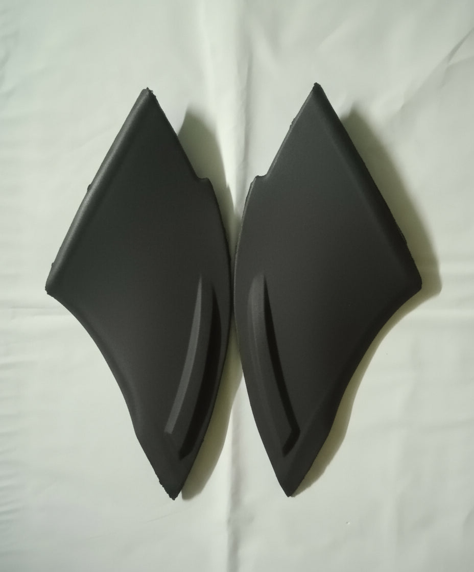 Two black car side mirrors on a white background