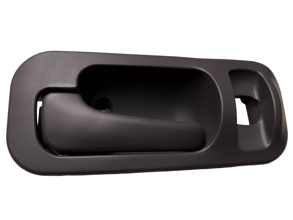 Black interior car door handle on a light gray background