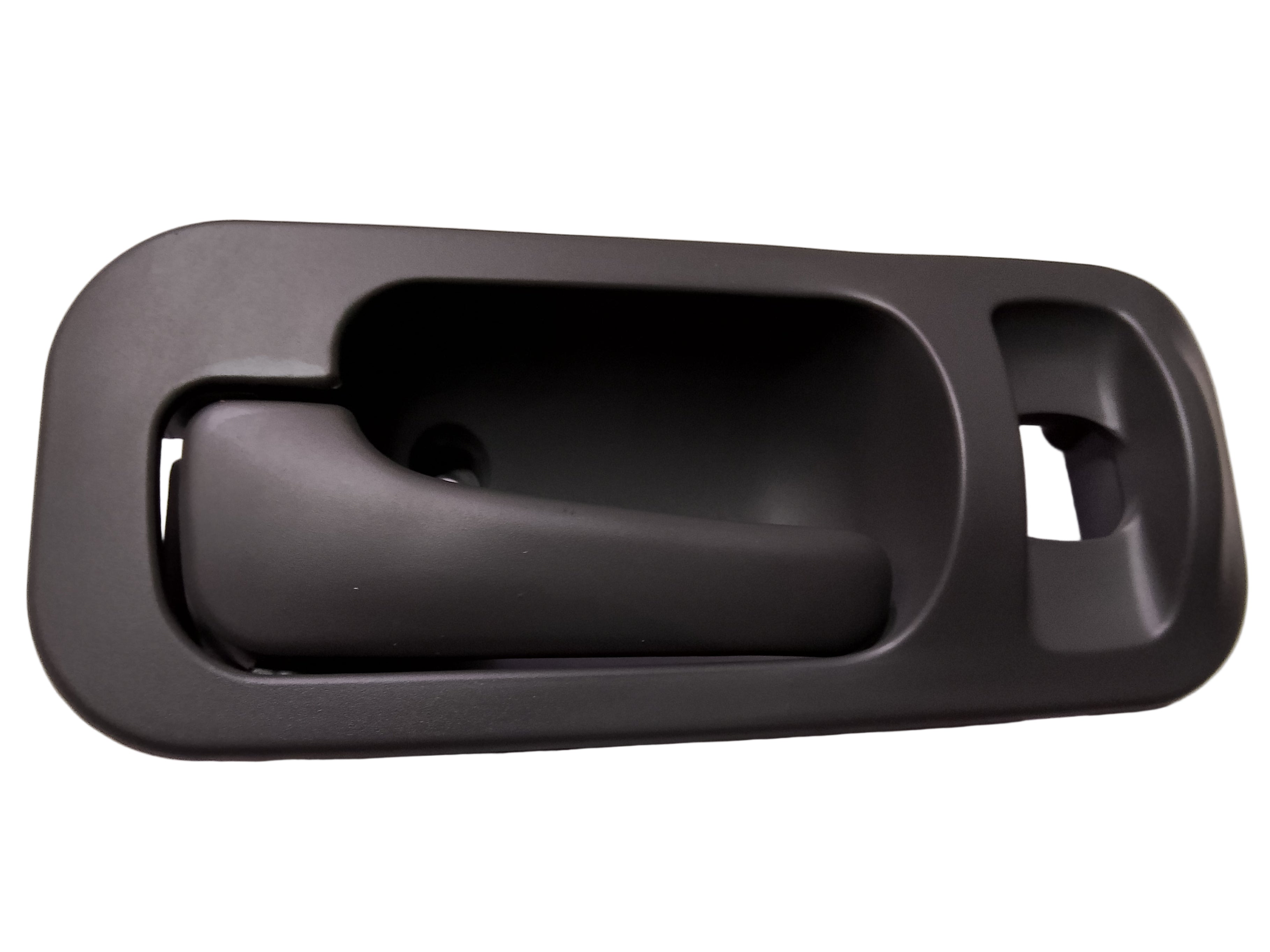 Black interior car door handle on a light gray background