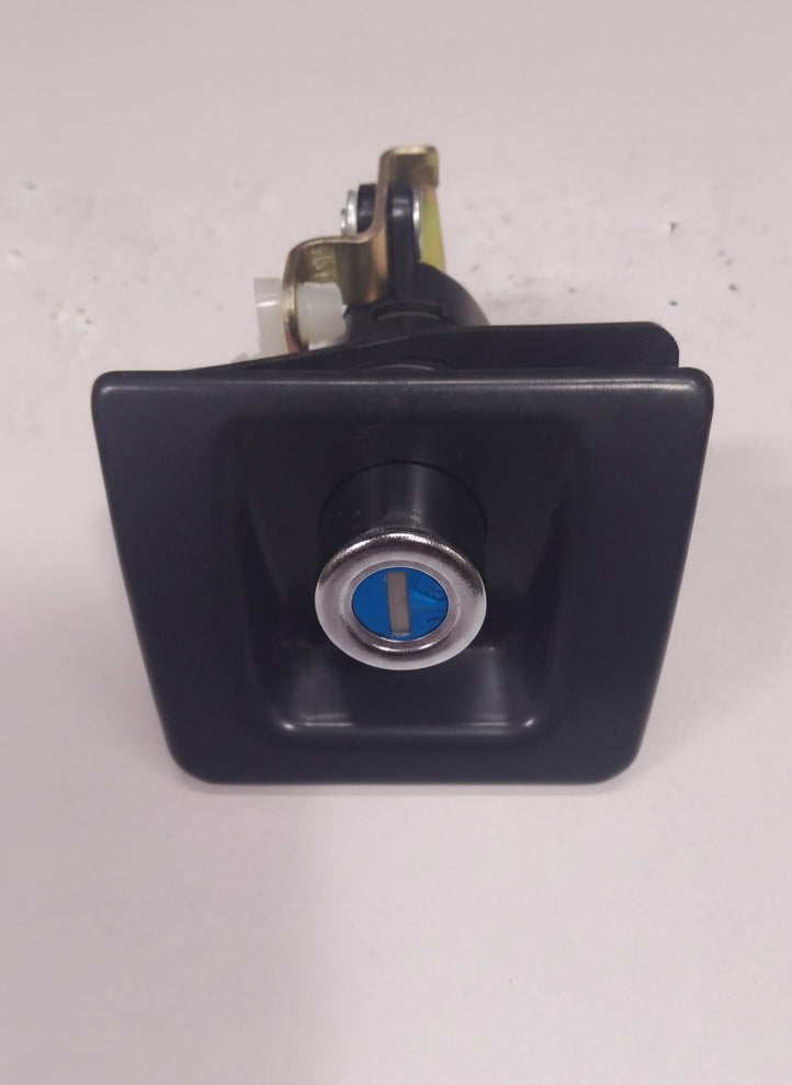 Black switch with a blue button on a white background