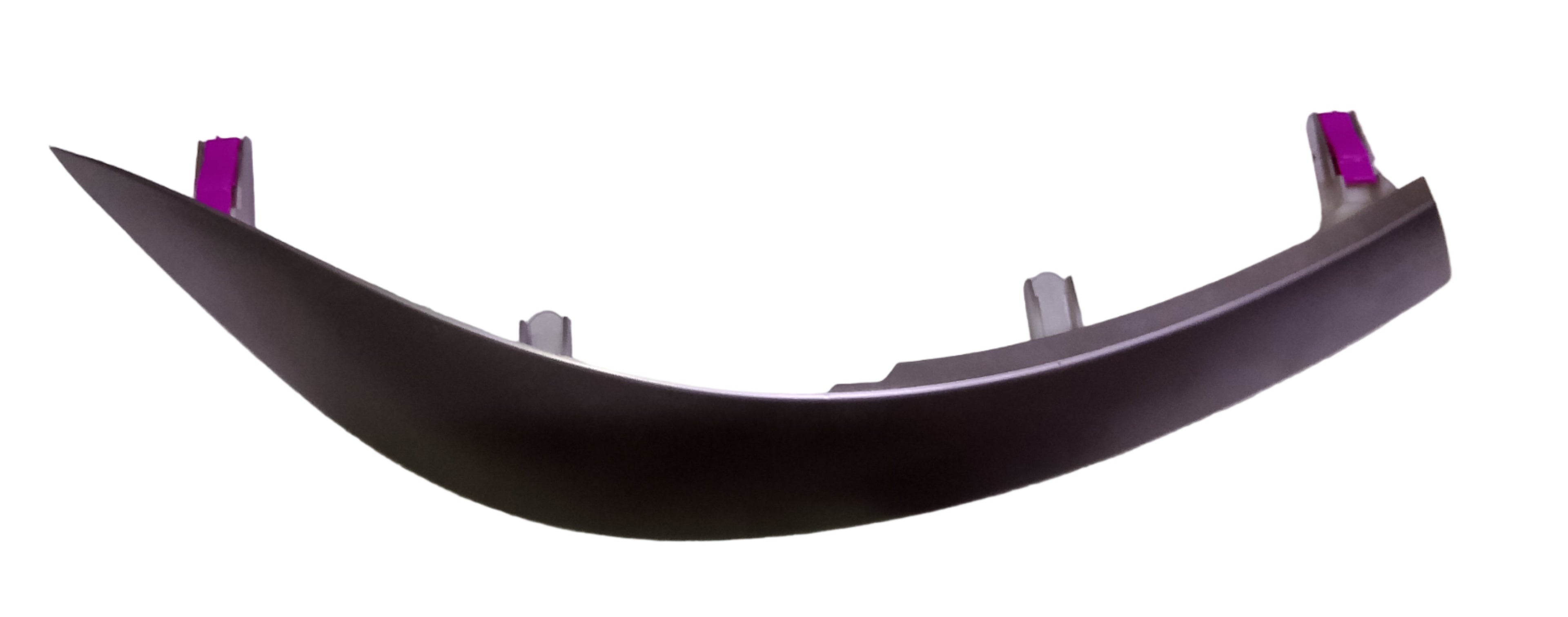 Car bumper on a white surface with purple clips, on a marble countertop.