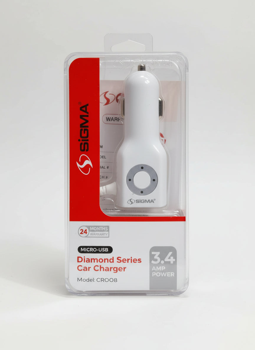 Sigma diamond series car charger in packaging on a dark surface