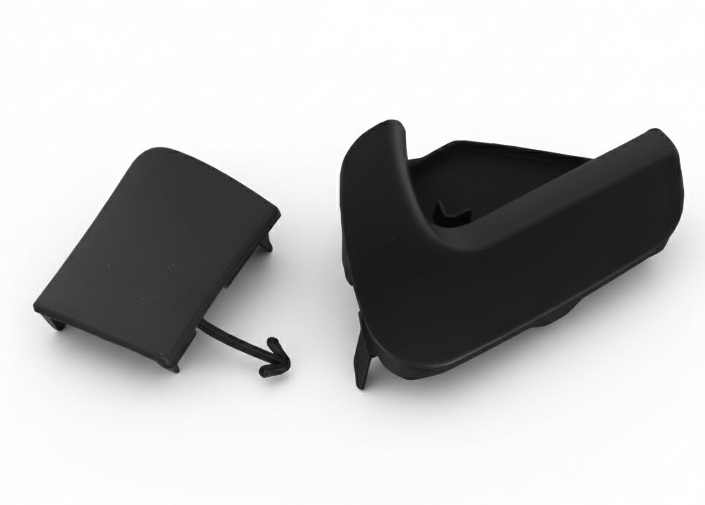 Two car interior parts on a white background with a blurred image of a blue car on a road.